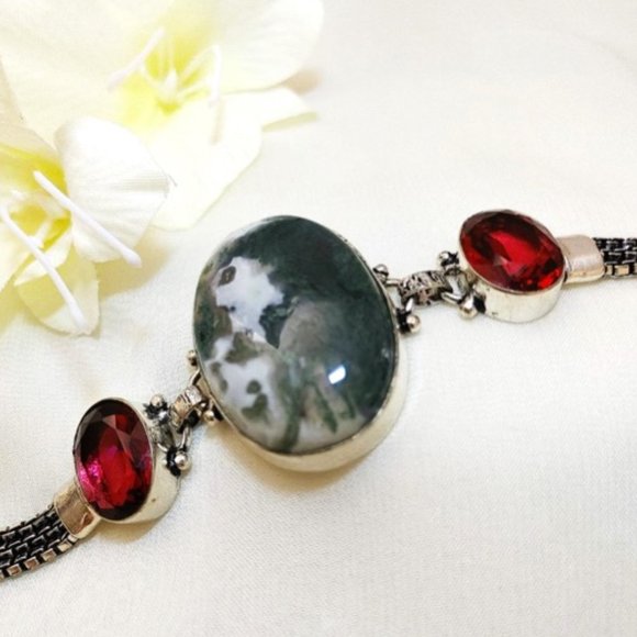 Moss Agate Garnet (br17) Bracelet Green Red Natural Gems 925 Silver Toggle 7"-8" - Picture 4 of 11